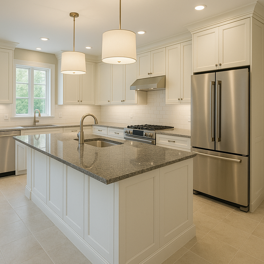 Spacious modern kitchen with island — marble installation by CoolInterior